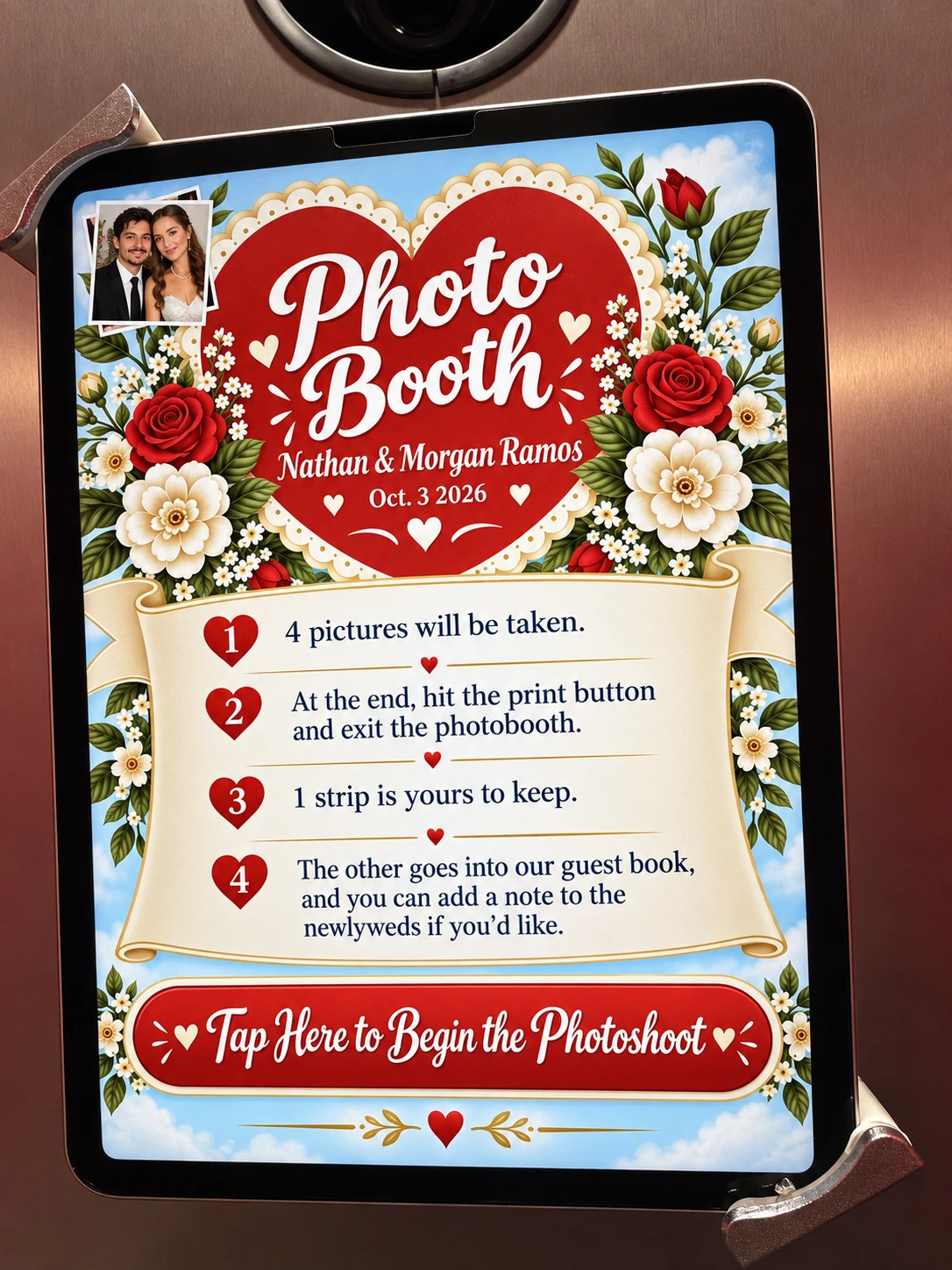 Real touchscreen displaying a custom wedding welcome screen